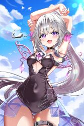 1girl absurdres arms_up black_one-piece_swimsuit breasts chest_jewel cloud cloudy_sky day gem grey_hair highres hololive hololive_english inokeiwd jewel_under_eye koseki_bijou koseki_bijou_(holonatsu_paradise) long_hair looking_at_viewer metal_wings official_alternate_costume official_alternate_hairstyle one-piece_swimsuit outdoors ponytail purple_eyes purple_gemstone single_handcuff sky small_breasts solo swimsuit very_long_hair virtual_youtuber