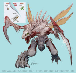 blue_background colorized epic full_body fusion gen_1_pokemon glowing glowing_eyes highres insect_wings kendall_hale marowak multiple_wings mutant nintendo no_humans pokemon pokemon_(creature) scythe scyther sharp_teeth signature simple_background solo teeth watermark web_address wings