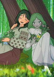2girls barefoot black_hair blue_sky bug butterfly closed_eyes colored_skin commentary couple day english_commentary fingernails flower flower_wreath grass green_eyes green_hair grey_skin highres holding holding_head_wreath holding_wreath implied_yuri insect interspecies lake laughing leaning_back lilea_(sphenodaile) long_hair looking_at_viewer multiple_girls nature olesya_(sphenodaile) original outdoors paid_reward_available pond rural rushnyk scenery see-through_clothes sitting sky slavic_clothes slavic_mythology smile sphenodaile sunlight surprised traditional_dress tree ukraine ukrainian_clothes very_long_hair vinok vyshyvanka water willow yuri