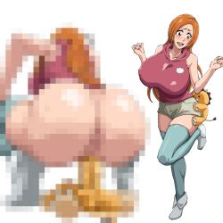 1boy 1girl ass bare_shoulders bleach bleach:_sennen_kessen-hen blush breasts brown_eyes collarbone highres huge_ass huge_breasts inoue_orihime iwao178 kon_(bleach) long_hair misleading_thumbnail open_mouth orange_hair penis pink_sweater shiny_skin simple_background stuffed_animal stuffed_lion stuffed_toy sweater thick_thighs thighhighs thighs vaginal white_background