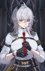1girl adjusting_clothes adjusting_gloves arm_pouch armband bags_under_eyes black_armband black_choker black_eyes black_gloves black_horns black_jacket black_pants black_pouch breasts chest_harness choker closed_mouth collared_shirt commentary cowboy_shot curled_horns gloves grey_hair hair_between_eyes harness hashtag-only_commentary highres horns indoors jacket jacket_on_shoulders large_breasts long_hair looking_at_viewer mihan_(mihan_art) multicolored_eyes multicolored_hair necktie pants red_eyes red_necktie revision shirt shirt_tucked_in solo streaked_hair two-tone_eyes white_shirt wuthering_waves zani_(wuthering_waves)