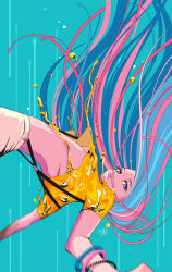 1girl bangle blue_eyes blue_hair bracelet breasts butter falling food hair_flowing_over highres jewelry liquid_clothes midair multicolored_hair open_mouth original pants pink_hair shoulder_blades splatter suspenders underboob white_pants yatsuki_natsumi