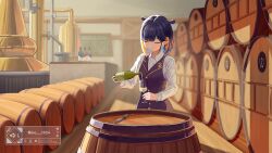 Rule 34 | 1girl, alcohol, barrel, black hair, bottle, closed eyes, closed mouth, collared shirt, cup, drinking glass, highres, holding, holding bottle, hololive, hololive english, ika--1024, indoors, long sleeves, multicolored hair, ninomae ina&#039;nis, orange hair, pointy ears, pouring, purple vest, shirt, solo, tentacle hair, vest, virtual youtuber, white shirt, wine glass