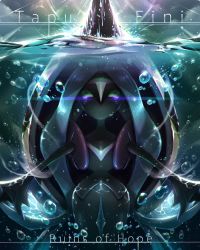 8686island air_bubble bubble character_name commentary_request eyelashes gen_7_pokemon glowing glowing_eyes legendary_pokemon light_trail nintendo no_humans outstretched_arms partially_underwater_shot pokemon pokemon_(creature) solo submerged tapu_fini underwater water