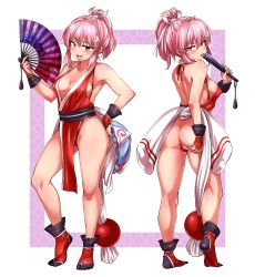 Rule 34 | 1girl, anal, anal ball wear, anal object insertion, anus, ass, ass grab, bare back, bare shoulders, breasts, cleavage, commission, commissioner upload, cosplay, fanning self, fatal fury, fingerless gloves, folding fan, gloves, hair ornament, hand fan, highres, japanese clothes, licking, medium breasts, ninja, obi, object insertion, pink eyes, pink hair, ponytail, ribbon, saigyouji yuyuko, saigyouji yuyuko&#039;s fan design, sash, shimizu pem, shiranui mai, shiranui mai (cosplay), short hair, short ponytail, simple background, skeb commission, slingshot swimsuit, smile, smug, solo, spread ass, standing, swimsuit, the king of fighters, touhou