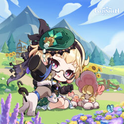 1girl absurdres black-framed_eyewear black_gloves black_hairband black_hat black_shirt blonde_hair blue_sky blurry blurry_foreground breasts bug building butterfly chibi cloud commentary copyright_name day dog dot_nose emilie_(genshin_impact) english_commentary flower genshin_impact glasses gloves green_footwear green_hat green_skirt hairband hat highres insect long_sleeves looking_at_viewer medium_breasts mountain official_art open_mouth outdoors pink_eyes poodle puffy_long_sleeves puffy_sleeves purple_flower semi-rimless_eyewear shirt sitting skirt sky smile sunflower top_hat tree yellow_flower
