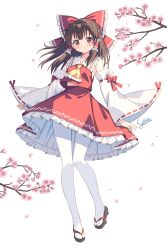 1girl absurdres artist_name ascot blush bow brown_eyes brown_hair cherry_blossoms chinese_commentary closed_mouth commentary_request detached_sleeves falling_petals flower frilled_bow frilled_hair_tubes frilled_skirt frills full_body geta hair_bow hair_tubes hakurei_reimu highres long_hair looking_at_viewer pantyhose petals pink_flower pink_petals red_bow red_skirt ribbon-trimmed_sleeves ribbon_trim setteiset signature skirt skirt_set solo touhou white_pantyhose yellow_ascot