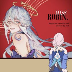 1girl aqua_eyes back bare_shoulders blue_hair blue_jacket blue_skirt braid character_name commentary detached_sleeves english_commentary english_text feathered_wings flower_ornament from_side hair_between_eyes halo head_wings honkai:_star_rail honkai_(series) jacket jewel_under_eye long_hair long_sleeves looking_at_viewer march_7th_(honkai:_star_rail) march_7th_(preservation)_(honkai:_star_rail) meme musical_note off-shoulder_shirt off_shoulder pink_hair poster_(object) purple_sleeves robin_(honkai:_star_rail) shirt short_hair short_sleeves skirt smile solo standing teeth tuofu veil_scene_14_redraw_(meme) white_shirt wings yuri