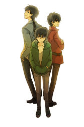 3boys batman_(series) black_hair blue_eyes boots brothers canvas_shoes converse crossed_arms dc_comics denim_jacket dick_grayson eguana family glaring hand_in_pocket hood hoodie jacket jason_todd loafers male_focus multiple_boys shoes siblings smile standing sweater tim_drake