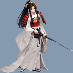 armor hair_ornament hakama highres japanese_armor japanese_clothes katana kimono long_hair non-web_source ponytail samurai shoulder_armor sword tabi tomoe_(wizardry) weapon wide_sleeves