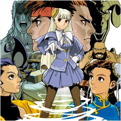3girls 5boys absurdres alex_(street_fighter) anakaris capcom capcom_fighting_jam chun-li crossover darkstalkers demitri_maximoff from_side gloves hairpods hauzer headband highres ingrid_(capcom) leo_(warzard) long_sleeves looking_at_viewer mori_toshiaki multiple_boys multiple_girls official_art pantyhose pleated_skirt profile purple_skirt rose_(street_fighter) ryu_(street_fighter) simple_background skirt street_fighter warzard white_background white_gloves zangief