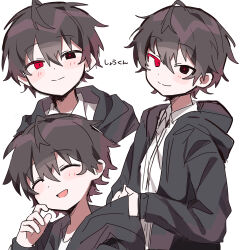 1boy absurdres ahoge black_eyes black_hair black_jacket blush closed_eyes collared_shirt heterochromia highres hood hooded_jacket jacket looking_at_viewer male_focus multiple_views open_clothes open_jacket original red_eyes shirt short_hair shou_(uenomigi) smile split_mouth uenomigi white_shirt