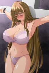 absurdres black_background blush bra breasts brown_hair cleavage closed_eyes commentary_request cross curvy gradient_background hair_between_eyes hair_ornament hairclip highres hiiragi_akao jinki large_breasts long_hair navel panties parted_lips purple_background purple_bra purple_panties restrained sidelocks steam_erobou tearing_up two-tone_background underwear underwear_only very_long_hair