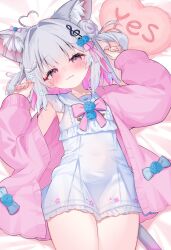 1girl :3 animal_ears blush breasts cowboy_shot dot_nose dress eip_(pepai) flower fortissimo grey_ears grey_hair hair_flower hair_ornament hands_up head_tilt highres looking_at_viewer lying medium_hair musical_note musical_note_hair_ornament off-shoulder_sweater off_shoulder on_back pink_eyes pink_sweater small_breasts solo sweater thighs tight_clothes tight_dress treble_clef white_dress yes