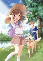 1boy 1girl :d absurdres atelier_tiv bag brown_eyes brown_hair cloud day denim dog grass hair_ornament hairclip handbag hat highres jeans kitano_kouhei kneehighs lake nature open_mouth outdoors pants shirt short_hair short_sleeves sitting skirt smile socks straw_hat suzuki_rin_(yochimu_ga_kuru!) t-shirt tiv tree water white_socks yochimu_ga_kuru!