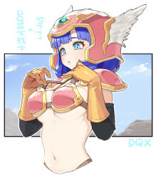 Rule 34 | 1girl, aqua gemstone, armor, bikini, bikini armor, bikini top lift, black sleeves, blue eyes, blue hair, blue sky, breasts, character name, clothes lift, commentary, copyright name, cosplay, detached sleeves, dragon quest, dragon quest iii, dragon quest x, gem, gloves, helmet, highres, in-franchise crossover, kulumi e, large breasts, looking down, medium hair, midriff, navel, parted lips, red armor, red helmet, seraphy (dq10), sky, solo, swimsuit, symbol-only commentary, underboob, upper body, warrior (dq3), warrior (dq3) (cosplay), white background, winged helmet, yellow gloves