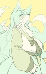 1girl 3gs animal_ear_fluff animal_ears animal_nose aqua_eyes aqua_fur aqua_hair aqua_skirt arm_at_side blush body_fur breasts closed_mouth female_focus flat_color fox_ears fox_girl fox_tail furry furry_female half-closed_eyes happy kitsune large_breasts liquid_hair long_hair long_sleeves looking_at_viewer mature_female original simple_background skirt smile snout solo standing tail two-tone_fur very_long_hair water white_fur yellow_background