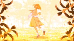 1girl absurdres autumn blonde_hair closed_eyes from_behind gold_osmanthus highres long_sleeves medium_hair neckerchief original outdoors pleated_skirt sailor_collar scenery school_uniform serafuku shion_08 shirt shoes skirt standing tree watermark white_shirt wide_shot yellow_neckerchief yellow_skirt yellow_theme