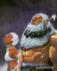 Rule 34 | 1boy, 1girl, absurdres, akuma (street fighter), bead necklace, beads, beard, chest hair, dark-skinned female, dark-skinned male, dark skin, earrings, elena (street fighter), facial hair, goku and vegeta in the rain (meme), grey hair, highres, jewelry, looking up, meme, muscular, muscular male, necklace, quasimodox, rain, red eyes, short hair, street fighter, street fighter 6, tongue, tongue out, topknot