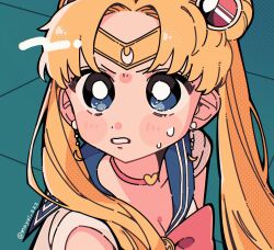 1girl bishoujo_senshi_sailor_moon blonde_hair blue_eyes blue_sailor_collar breasts bright_pupils choker cleavage crescent crescent_earrings diadem double_bun earrings hair_bun heart heart_choker highres jewelry long_hair magical_girl mayoi_zzz meme pink_choker sailor_collar sailor_moon sailor_moon_redraw_challenge_(meme) sailor_senshi_uniform solo sweat tsukino_usagi twintails twitter_username white_pupils
