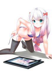 1girl all_fours ass bikini bikini_pull black_thighhighs blue_bikini blue_eyes blush bow breasts butt_crack clothes_pull covered_erect_nipples eromanga_sensei hair_bow highres izumi_sagiri kaze_makase legs long_hair low-tied_long_hair pulling_own_clothes ribbon side-tie_bikini_bottom silver_hair small_breasts solo stylus swimsuit tablet_pc thighhighs thighs untied_bikini