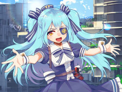 Rule 34 | 1girl, :d, blue bow, blue hair, blue ribbon, blue sky, blush, bow, building, city, cloud, collarbone, crying, crying with eyes open, day, dress, evening, eyepatch, gradient sky, hair between eyes, hair ribbon, hat, heart, highres, ladder, last origin, lens flare, long hair, looking at viewer, lrl (last origin), mountainous horizon, open mouth, outdoors, pixiv id, plant, print eyepatch, puffy short sleeves, puffy sleeves, railing, reaching, reaching towards viewer, ribbon, sailor dress, short sleeves, signature, sky, skyscraper, smile, solo, striped bow, striped clothes, striped ribbon, striped wrist cuffs, sun, sunset, tears, teeth, tongue, twitter username, two side up, umigarasu (kitsune1963), upper teeth only, waist bow, white bow, white ribbon, white wrist cuffs, wrist cuffs, yellow eyes