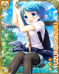 1girl :o backpack bag black_leggings blue_eyes blue_hair blue_jacket bridge card_(medium) character_name clothes_around_waist day denim denim_shorts girlfriend_(kari) hazuki_yuzuko jacket jacket_around_waist leggings leggings_under_shorts official_art open_mouth outdoors plaid_clothes plaid_jacket qp:flapper rope shirt shoes short_hair shorts sitting socks solo swinging tagme white_shirt