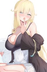 1girl aizawa_ema alternate_costume aqua_eyes armpit_crease bare_shoulders blonde_hair blunt_bangs blush breasts chemise cleavage colored_tips commentary_request covered_navel hair_flaps hair_over_shoulder hand_mouth highres holding holding_pillow jacket jacket_partially_removed large_breasts long_hair looking_at_viewer loungewear multicolored_hair open_clothes open_jacket open_mouth pillow simple_background sino_(oyasumi_hf) sitting solo virtual_youtuber vspo! wariza white_background yawning