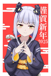 1girl 2025 azur_lane black_kimono blush commentary_request explorer_(azur_lane) hands_up headgear highres japanese_clothes kimono looking_at_viewer matsunaga_maguro medium_hair own_fingers_together own_hands_together rigging siren_(azur_lane) smile snake solo translation_request upper_body white_hair yellow_eyes yukata