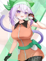 Rule 34 | 1girl, bandana, bare shoulders, black gloves, black shorts, breasts, cat girl, cat tail, cosplay, gloves, green background, green bandana, highres, holding, holding poke ball, hololive, jacket, large breasts, may (pokemon), may (pokemon) (cosplay), nekomata okayu, nintendo, orange jacket, poke ball, poke ball (basic), pokemon, pokemon rse, purple eyes, purple hair, purple tail, shorts, solo focus, tail, torakichi 888, virtual youtuber, zoom layer