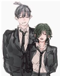 1boy 1girl arms_behind_back chainsaw_man closed_eyes drooling eyepatch formal_clothes green_hair hayakawa_aki himeno_(chainsaw_man) jacket necktie open_clothes open_collar open_jacket open_mouth pecopecosupipi shirt sleepy suit topknot white_shirt yawning