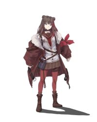 1010kman 1girl arknights black_choker blue_eyes boots breasts brown_boots brown_hair brown_jacket brown_sailor_collar brown_skirt brown_socks choker expressionless full_body fur-trimmed_jacket fur_trim hair_between_eyes highres jacket lace-up_boots long_hair long_sleeves looking_at_viewer multicolored_hair neckerchief open_clothes open_jacket pantyhose red_hair red_neckerchief red_pantyhose ribbed_socks sailor_collar school_uniform shirt sidelocks simple_background skirt small_breasts socks solo standing streaked_hair white_shirt zima_(arknights)