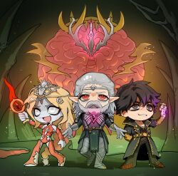 Rule 34 | 1girl, 2boys, :d, arm behind back, armor, baldur&#039;s gate, baldur&#039;s gate 3, beard, black coat, black eyes, black hair, blonde hair, bodysuit, brain, breastplate, chibi, chibi only, circlet, coat, colored skin, dagger, detached sleeves, dungeons & dragons, dungeons &amp; dragons, elf, enver gortash, facial hair, full body, gem, greaves, grey hair, grey skin, hand up, headpiece, highres, holding, holding dagger, holding knife, holding weapon, ketheric thorm, knife, long hair, looking up, low-braided long hair, low-tied long hair, medium hair, multiple boys, mustache, netherbrain, open mouth, orin the red, pauldrons, pointy ears, red bodysuit, red eyes, short hair, shoulder armor, smile, smirk, standing, weapon, white eyes, yy20251111
