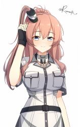 Rule 34 | 1girl, anchor, aticsanir, blue eyes, blush, breast pocket, breasts, brown hair, cowboy shot, dress, gloves, hair between eyes, hair ornament, high side ponytail, highres, kantai collection, large breasts, long hair, looking at viewer, neckerchief, pocket, ponytail, saratoga (kancolle), saratoga mk ii (kancolle), side ponytail, smile, smokestack, smokestack hair ornament, solo, twitter username, white background, white dress