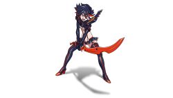 black_boots black_gloves black_hair blue_eyes boots emiladylbekuulu gloves kill_la_kill matoi_ryuuko non-web_source open_mouth red_stripes scissor_blade_(kill_la_kill) senketsu skirt studio_trigger trigger_(company)