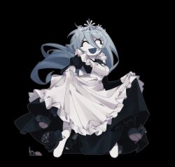 1girl air_zizon apron black_background black_dress blue_hair breasts closed_eyes colored_skin combat_knife crown dress eunoia_(frozen_soul) explosive floating_hair frilled_apron frills frozen_soul grenade gun handgun highres impossible_storage joints juliet_sleeves knife long_hair long_sleeves medium_breasts open_mouth puffy_sleeves robot_joints simple_background smile solo very_long_hair weapon white_skin