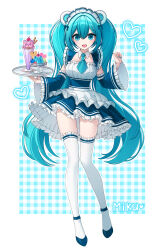 1girl absurdres alternate_costume animal_ears apron aqua_ascot aqua_background aqua_eyes aqua_hair ascot bear_ears blue_dress blue_shoes blue_sleeves border character_name detached_sleeves dot_nose dress food frilled_apron frilled_dress frills full_body hatsune_miku heart highres holding holding_tray long_hair maid maid_headdress merchandise_available nilly_(nillyliya) open_mouth outline plaid_background shoes smile solo sweets thighhighs tray twintails very_long_hair vocaloid white_apron white_border white_outline white_thighhighs