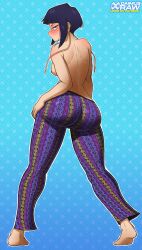Rule 34 | 1girl, absurdres, alternate ass size, artist name, ass, audio jack, barefoot, black eyes, black hair, blush, boku no hero academia, breasts, daimus raw, dimples of venus, hand on own hip, highres, jiro kyoka, long earlobes, looking at viewer, pants, short hair, tight clothes, tight pants, topless female, wide hips