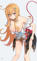 1girl aoikito_lavender086 apron bare_shoulders blonde_hair blue_eyes blush breasts cleavage closed_mouth commentary cowlick double_strap_slip english_commentary escoffier_(genshin_impact) feet_out_of_frame genshin_impact highres large_breasts long_hair no_pants panties simple_background solo standing sweat thighs underwear undressing white_apron white_background white_panties