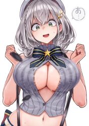1girl @-you_(you_2023_8_16) beret braid breasts cleavage cosplay flying_button green_eyes grey_hair hair_ornament hairclip hat highres hololive large_breasts medium_hair midriff navel oozora_subaru oozora_subaru_(cosplay) oozora_subaru_(work) popped_button shirogane_noel simple_background solo suspenders sweatdrop upper_body virtual_youtuber wardrobe_malfunction white_background