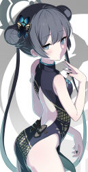 Rule 34 | 1girl, back cutout, black dress, black hair, black nails, blue archive, blue eyes, breasts, butterfly hair ornament, china dress, chinese clothes, closed mouth, clothing cutout, commentary, double bun, dragon print, dress, grey halo, hair bun, hair ornament, halo, highres, kisaki (blue archive), long hair, looking at viewer, nail polish, print dress, rindou ringdong, small breasts, solo, twintails, very long hair