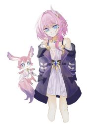 1girl blue_eyes coat commentary_request cropped_legs cyrene_(honkai:_star_rail) dress hair_ornament highres honkai:_star_rail honkai_(series) jewelry looking_at_viewer medium_hair mem_(honkai:_star_rail) multicolored_hair necklace pink_fur pink_hair pink_pupils purple_coat simple_background smile star-shaped_pupils star_(symbol) symbol-shaped_pupils tail two-tone_hair uoooo114 white_background white_dress white_hair