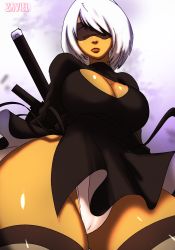 blindfold dark_skin dress nier_(series) nier:automata panties standing sword thighhighs underwear weapon white_panties 2b_(nier:automata) zaviel