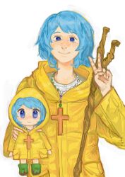 1girl absurdres bead_necklace beads blue_eyes blue_hair boots cane character_doll cross cross_necklace dirty_footwear doll green_boots highres holding holding_cane hood hood_down jewelry jubilee_2025 latin_cross looking_at_viewer luce_(jubilee_2025) necklace neclapng raincoat rosary rubber_boots shirt short_hair smile solo v white_shirt yellow_raincoat