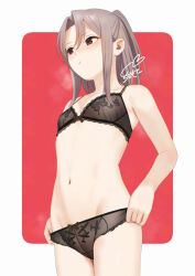 1girl :t adjusting_clothes alternate_costume averting_eyes black_bra black_panties blush border bow bow_panties bra breasts breath brown_eyes brown_hair collarbone commentary_request cowboy_shot hair_between_eyes kantai_collection lace lace-trimmed_bra lace_trim lingerie long_hair navel outside_border panties ponytail pout red_background rounded_corners sakiecho see-through_bra see-through_clothes see-through_panties sidelocks signature small_breasts solo standing stomach underwear white_border zuihou_(kancolle)