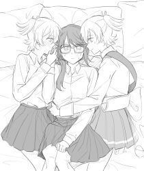 3girls blush closed_mouth commentary_request daiba_nana dual_persona f_et girl_sandwich glasses greyscale highres holding_hands hoshimi_junna jacket kiss kissing_hand korean_commentary long_hair long_sleeves monochrome multiple_girls on_bed pillow pleated_skirt sandwiched sash seishou_music_academy_uniform shoujo_kageki_revue_starlight skirt sweat two_side_up yuri