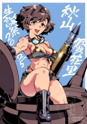 1girl 2025 ;d absurdres akiyama_yukari belt bikini bikini_under_clothes birthday black_belt blue_background boots breasts camouflage camouflage_shorts cleavage commentary_request explosive fluffy_hair front-tie_top girls_und_panzer gloves goggles goggles_around_neck highleg highleg_bikini highres holding holding_shell medium_breasts micro_shorts military_vehicle motor_vehicle navel one_eye_closed open_mouth shell shinkuukan_(tetsuo3) short_hair shorts smile solo swimsuit tank tank_shell