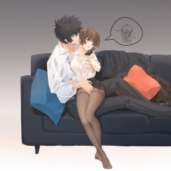 1boy 1girl black_hair black_pants black_skirt bob_cut breasts brown_eyes brown_hair catcan cellphone cleavage closed_eyes clothes_lift collarbone collared_shirt couple dress_shirt formal_clothes full_body girl_on_top grabbing_another&#039;s_breast groping head_tilt hetero highres holding holding_phone kougami_shin&#039;ya long_sleeves manly medium_breasts miniskirt open_mouth pant_suit pants pantyhose pencil_skirt phone psycho-pass shirt short_hair side_slit sitting sitting_on_lap sitting_on_person skirt skirt_lift skirt_suit smartphone suit thighband_pantyhose tsunemori_akane white_shirt wing_collar
