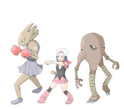 1girl 2boys artist_request black_sclera blue_hair boxing_gloves claws colored_sclera creatures_(company) dawn_(pokemon) exercising fighting_stance game_freak gen_1_pokemon highres hitmonchan hitmonlee horns long_hair monster_boy multiple_boys nintendo pink_skirt pokemon pokemon_(creature) pokemon_dppt red_scarf scarf serious size_difference skirt white_background