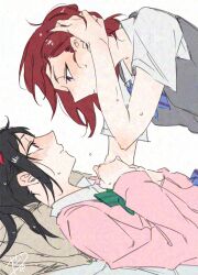 Rule 34 | 2girls, adversarial noise, black hair, blue bow, blue bowtie, blush, bow, bowtie, closed mouth, collared shirt, commentary, eye contact, face-to-face, green bow, green bowtie, grey sweater vest, hashtag-only commentary, highres, looking at another, love live!, love live! school idol project, medium hair, multiple girls, nishikino maki, otonokizaka school uniform, pink sweater, purple eyes, red eyes, red hair, school uniform, shirt, simple background, surfacedxxc, sweat, sweater, sweater vest, twintails, white background, white shirt, yazawa nico, yuri